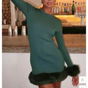 Show Me Your MuMu Green Ribbed Mini Dress with Faux Fur Trim